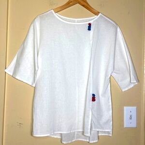 Linen White Top with Floral Accents